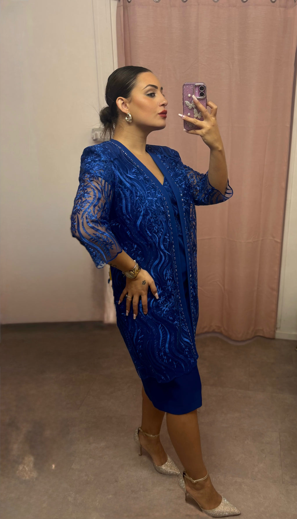 Ensemble blu smeraldo in pizzo e crepe