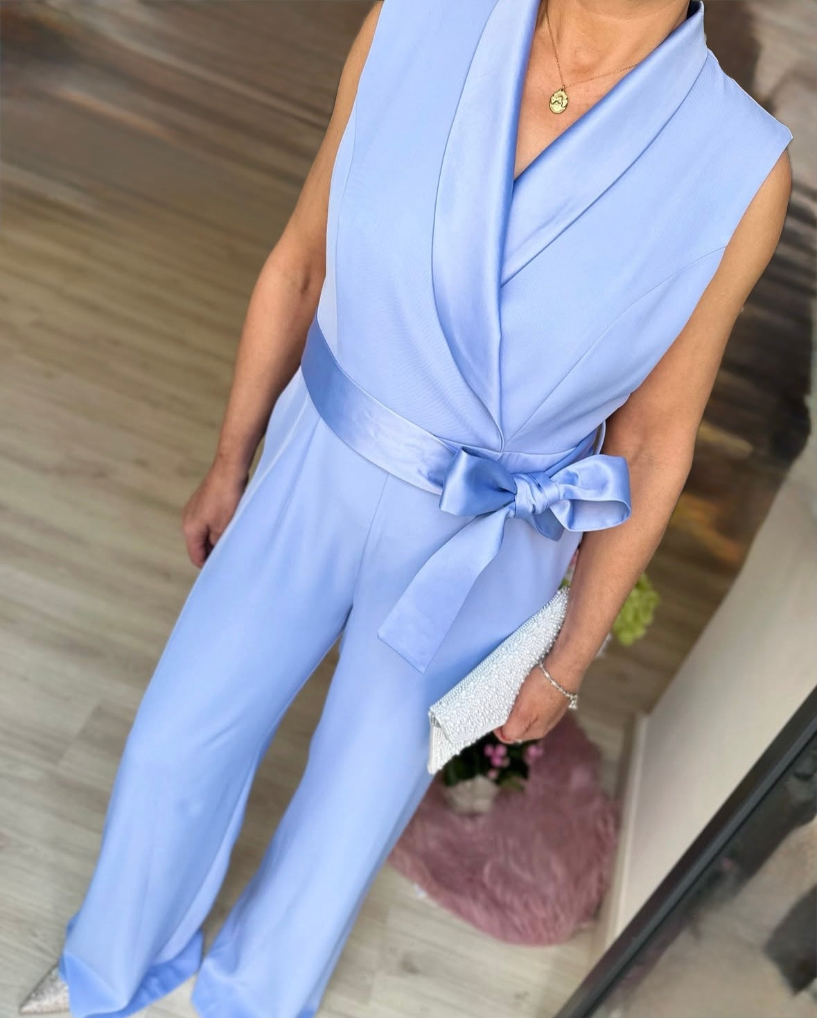 •	Sky Blue Satin Elegance Jumpsuit