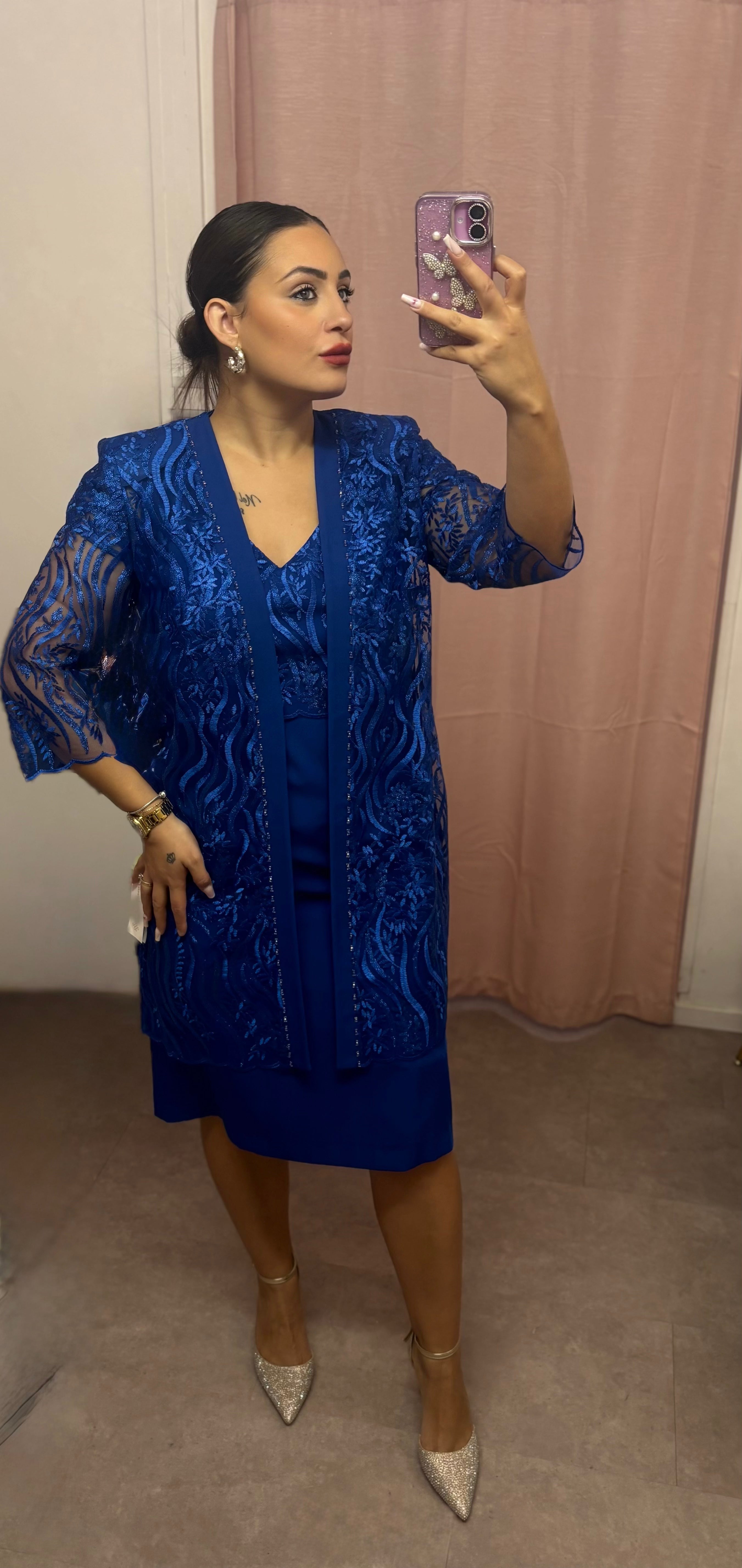 Ensemble blu smeraldo in pizzo e crepe