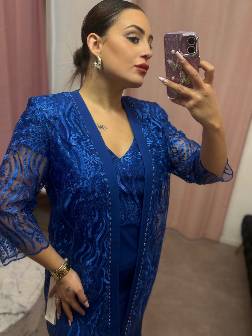 Ensemble blu smeraldo in pizzo e crepe